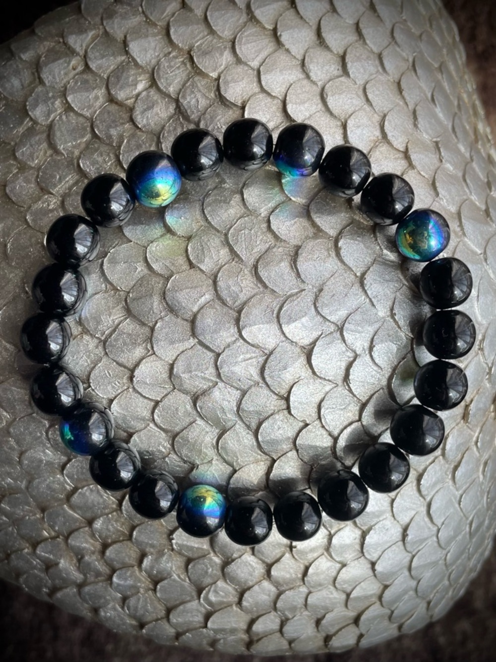 Beaded Onyx and Oil slick Stretch Bracelet